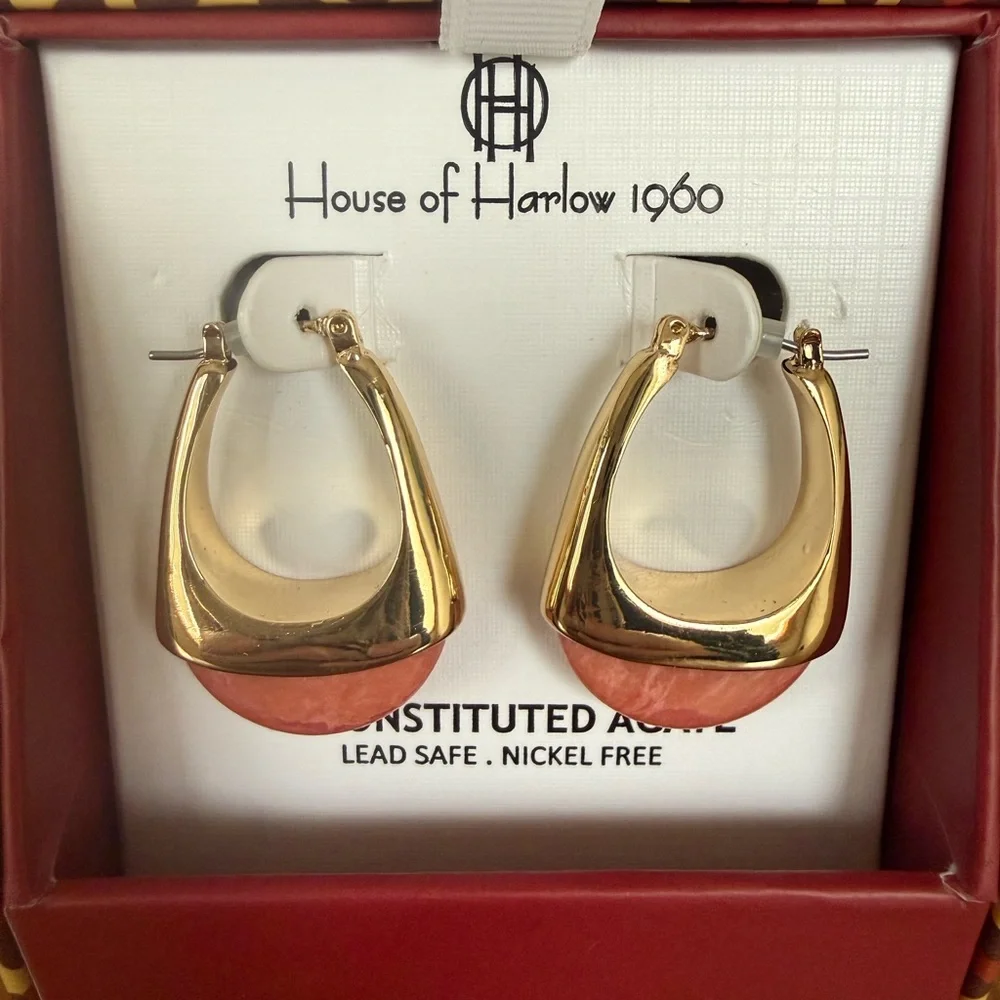 House of Harlow 1960 Gold and Coral Agate Earrings - Picture 2 of 4